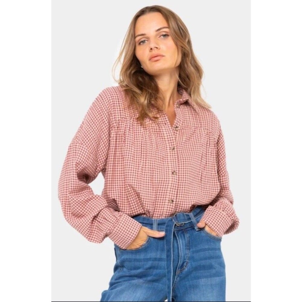 Peace Love World XL Boheme Check Plaid Button Up Pleated Oversized Top Blouse